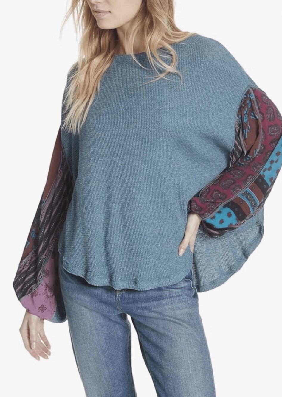 We the Free Sz S Teal waffle knit top contrast Balloon sleeve Top Boho Oversize
